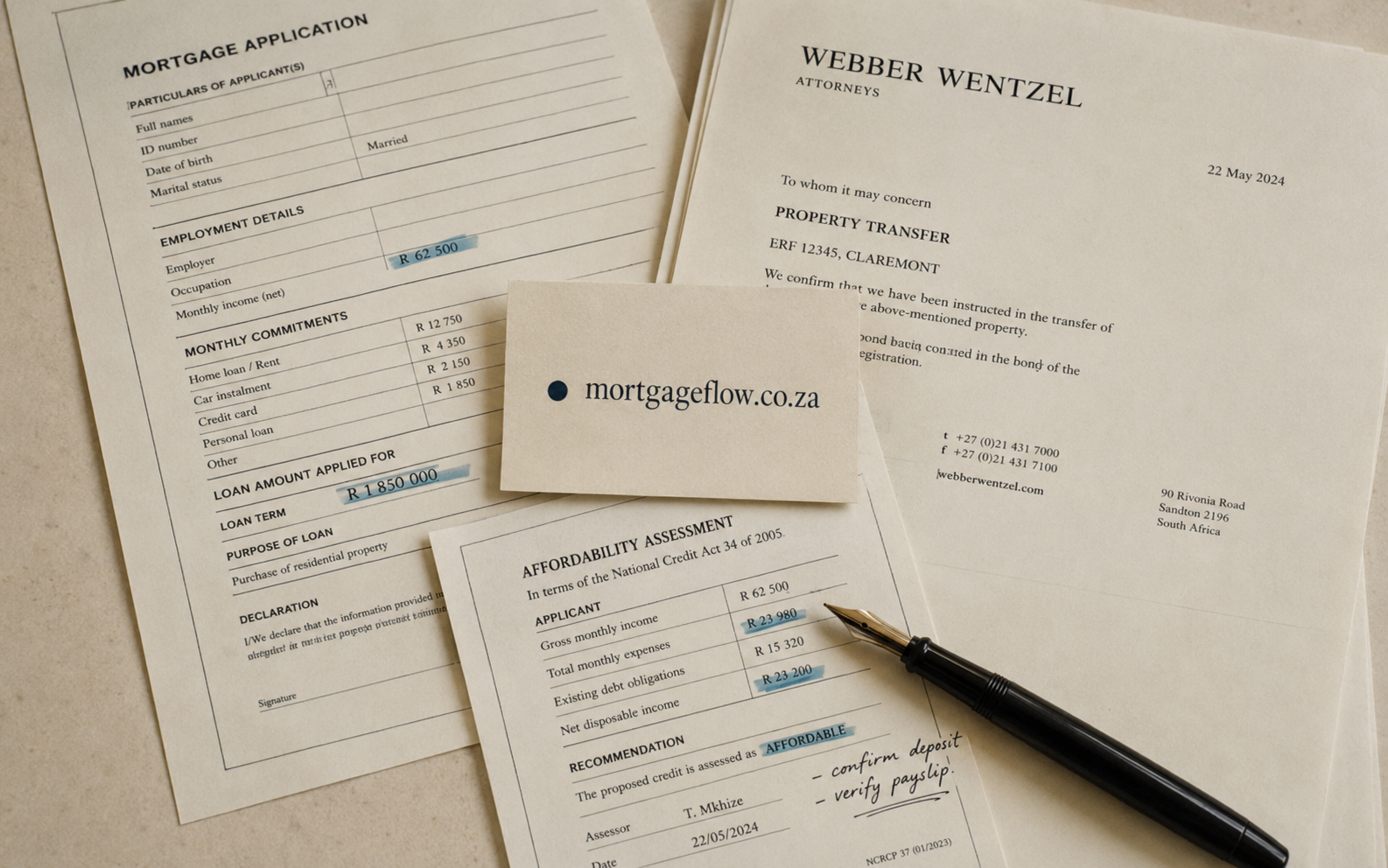 A top-down photograph of South African bond origination documents - a mortgage application, an attorney letterhead and an NCA affordability assessment - with a small business card reading mortgageflow.co.za centred on top, a fountain pen, and several values highlighted in soft Atlantic blue.