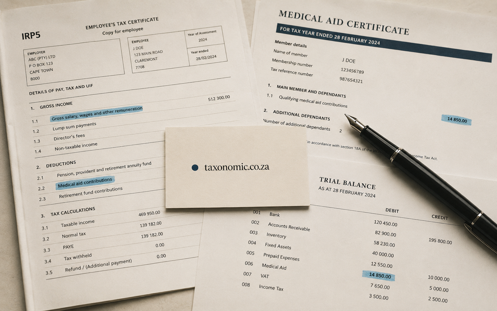 A top-down photograph of South African tax documents - an IRP5, a medical aid certificate and a trial balance - with a small business card reading taxonomic.co.za centred on top, a fountain pen across one form, and several values highlighted in soft Atlantic blue.